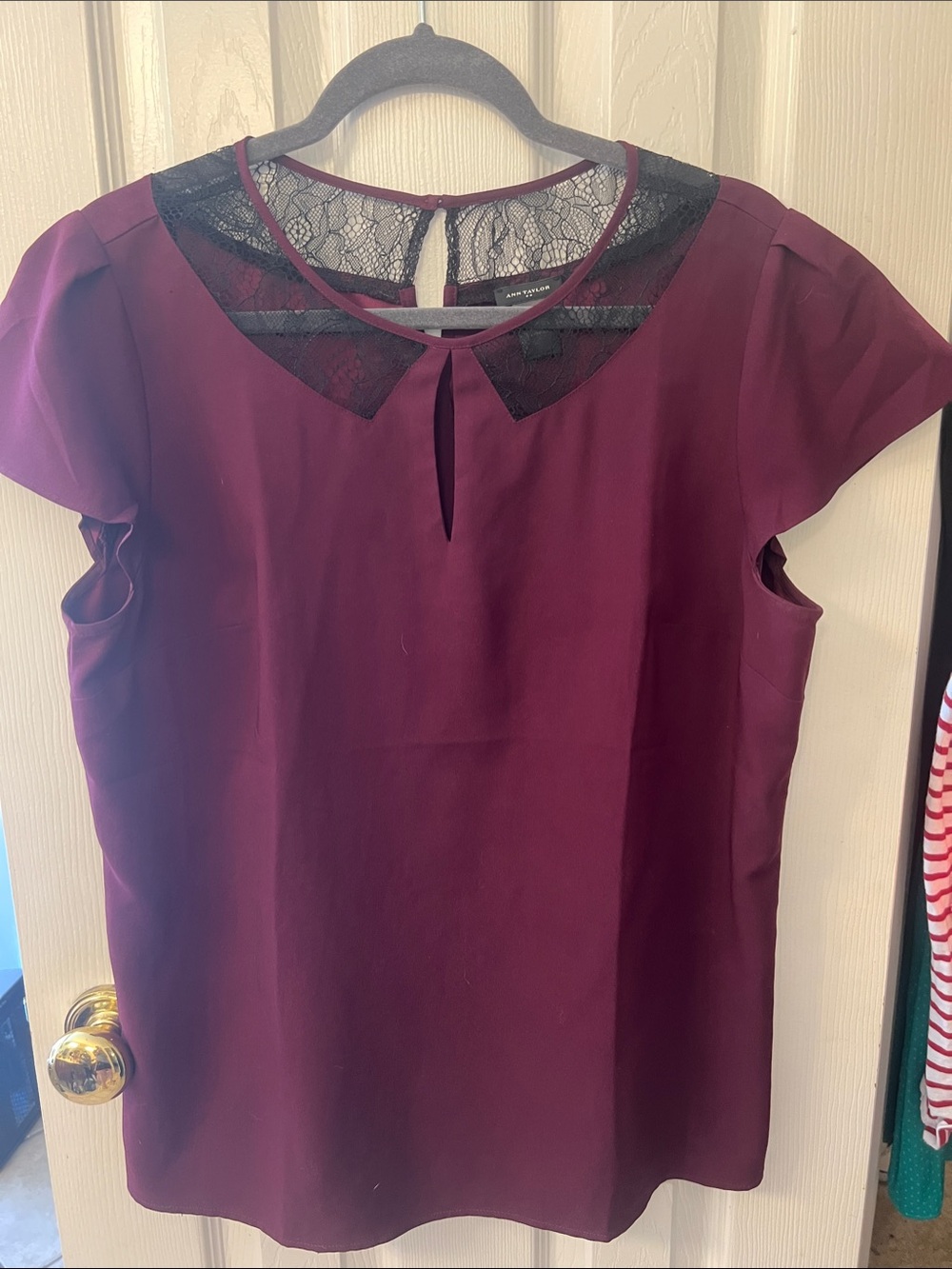 Ann Taylor Burgundy Cap Sleeve Top with Black Lace Yoke